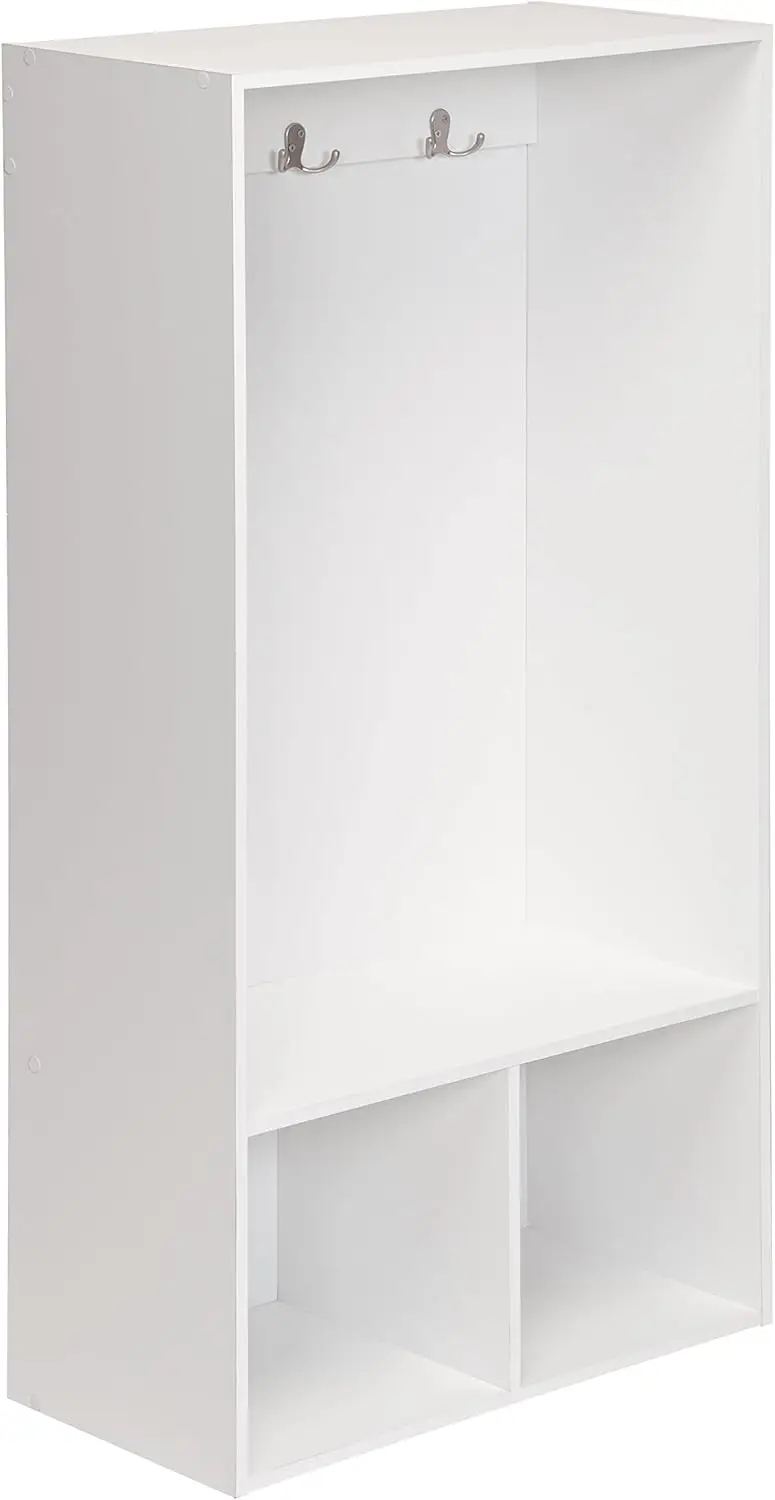 

Wood Locker, 2 Cubby Cube Compartments Open Storage, 3 Hooks, for Coats, Backpacks, Jackets, White Finish, 47-Inch