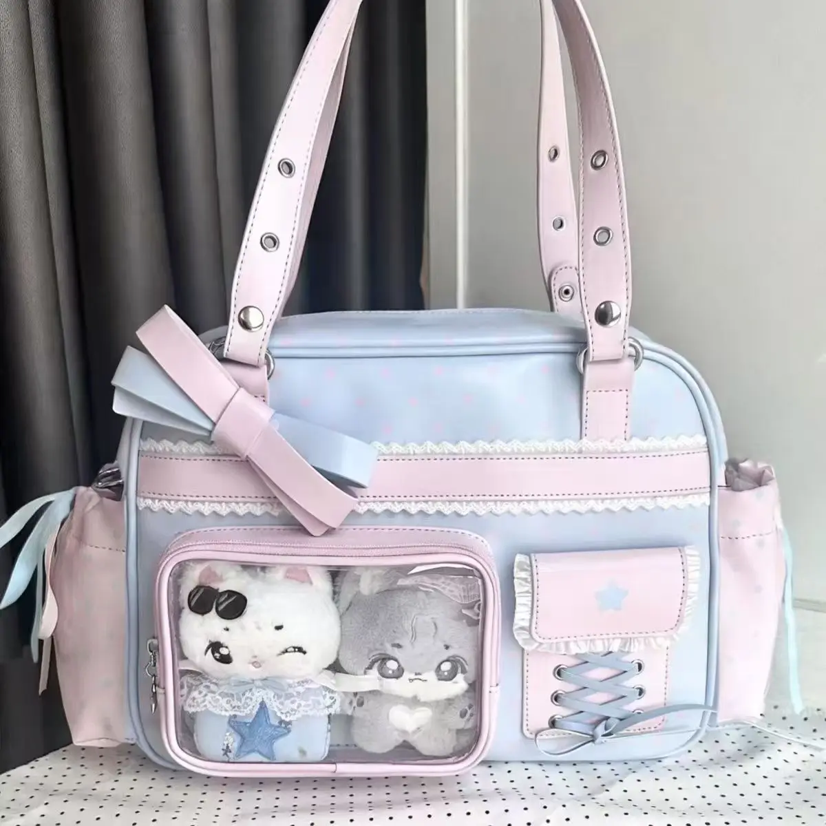 Ita Bag for Women Cute Cartoon Plushie Transparent Pocket Itabag Large Capacity PU Leather Pink Blue Kawaii School Gift