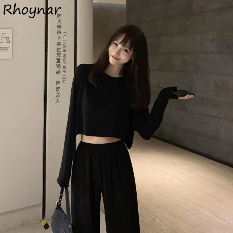 Pant Sets Women Leisure Vintage Solid All-match 2 Piece Ulzzang College Autumn New Fashion Lady Cropped Tops High Waist Trousers