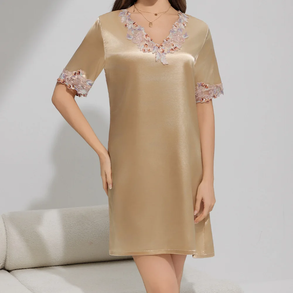 

Summer New Female Nightgown Home Dressing Gown Sexy Lace Trim Lingerie Nightdress Ice Silk Sleepwear Nighty Casual Lounge Wear