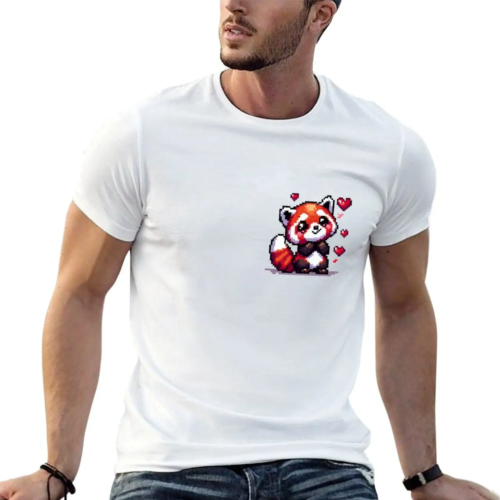 

Red panda with hearts, pixelart T-Shirt man t shirt cotton high quality man t shirt luxury mens graphic t shirts T-Shirt