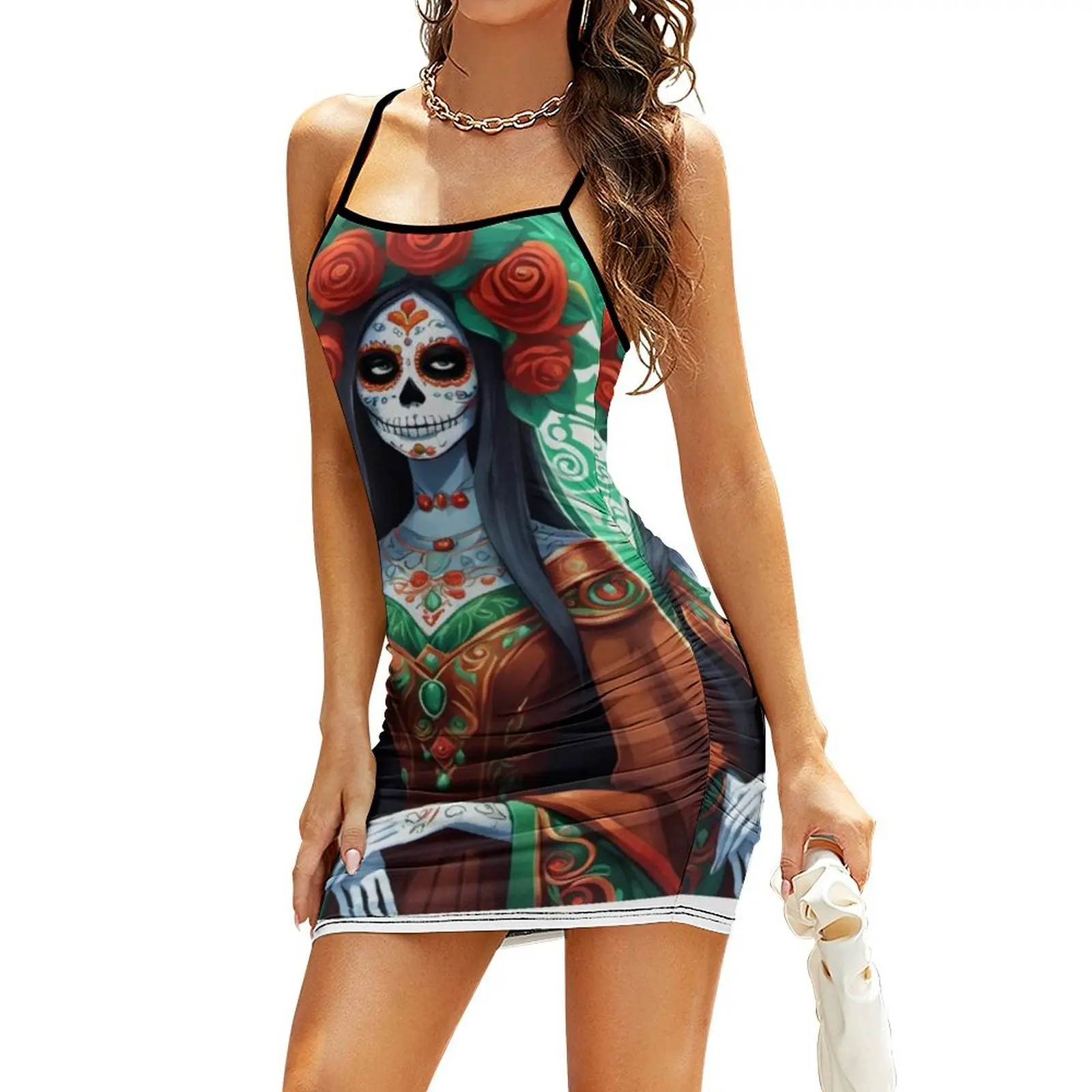 

Dia de los Muertos Brunette Lady with Brown Gown Sling Dress women clothes cute dress