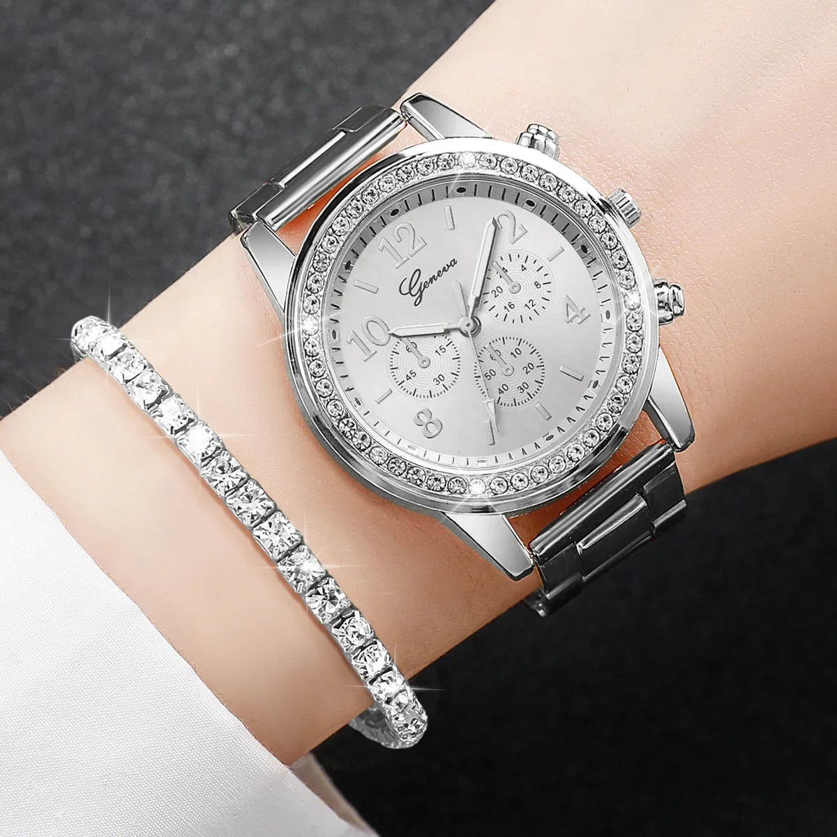 5Pcs Women Silver Watch Jewelry Set Rhinestone Wrist Watch Tennis Bracelet Necklace Earrings Ring Ladies Quartz Jewelry Gift Set