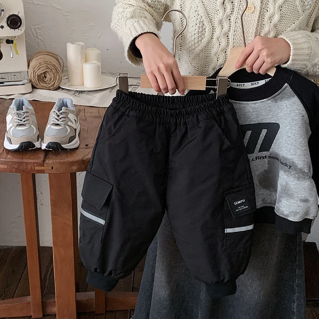 

2025 Winter Kids Baby Boy Pant Solid Color Thick Warm Children 3-8Y Boy Cargo Pant Fashion Windproof Toddler Boy Trouser Outdoor