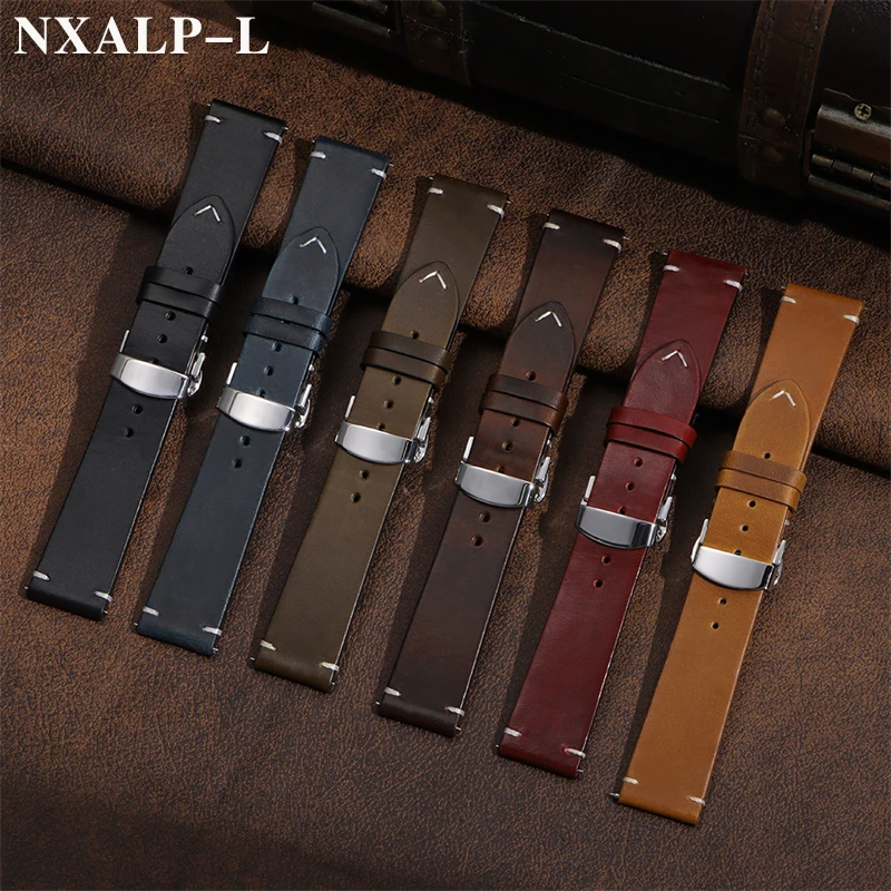 Cinturini per orologi in pelle cerata retrò con fibbia a farfalla per Seiko per bracciale Omega cinturino in pelle di vacchetta con cuciture 18/19/20/21/22/24mm