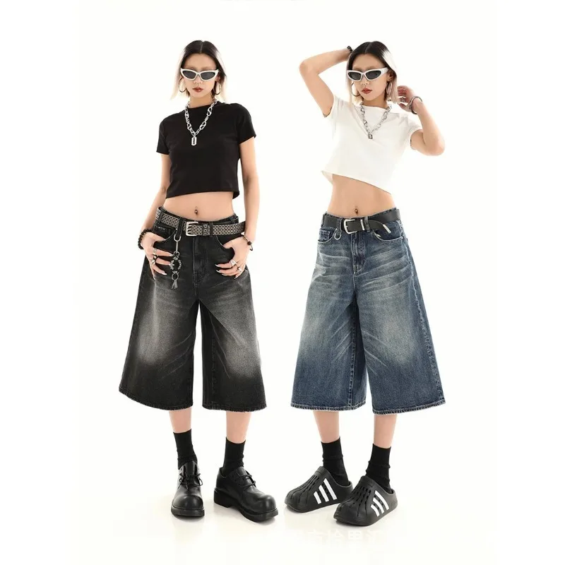 

2025 Korean Style Vintage Men's Jeans Summer Loose Male Wide Leg Knee Length Shorts New Washed Fashion Short Denim Pants 9A8825