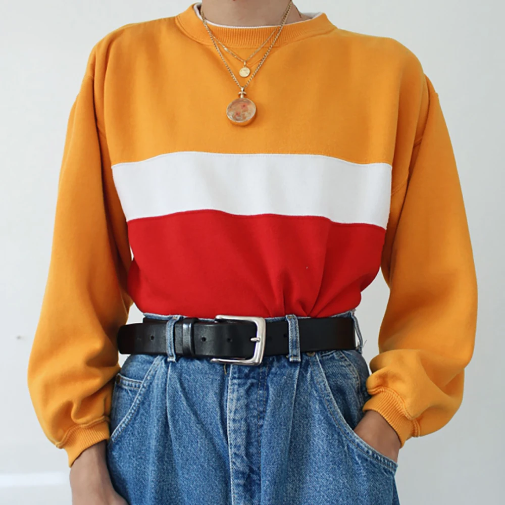 

Autumn Women Sweatshirt Vintage Colorblock Crew Neck Pullover Fashion Long Sleeve Female Clothing Causal Daily O-Neck Hoodie Top
