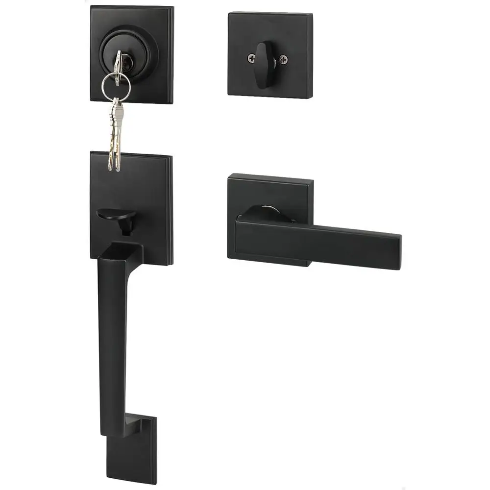 Black Front Door Handle Set with Reversible Lever Modern Hardware Single Exterior Entry Doors Adjustable Latch Right or Left