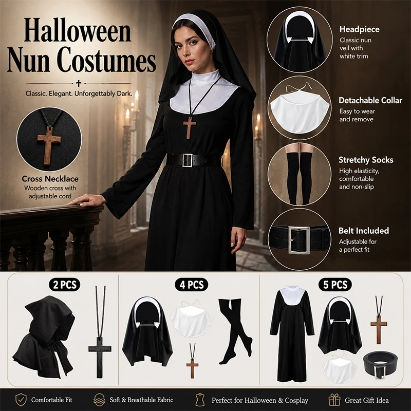 NOUVEAU Costumes de fête d'Halloween noirs, Costumes de nonne, Foulards de nonne classiques, Colliers, Accessoires de costumes de missionnaire