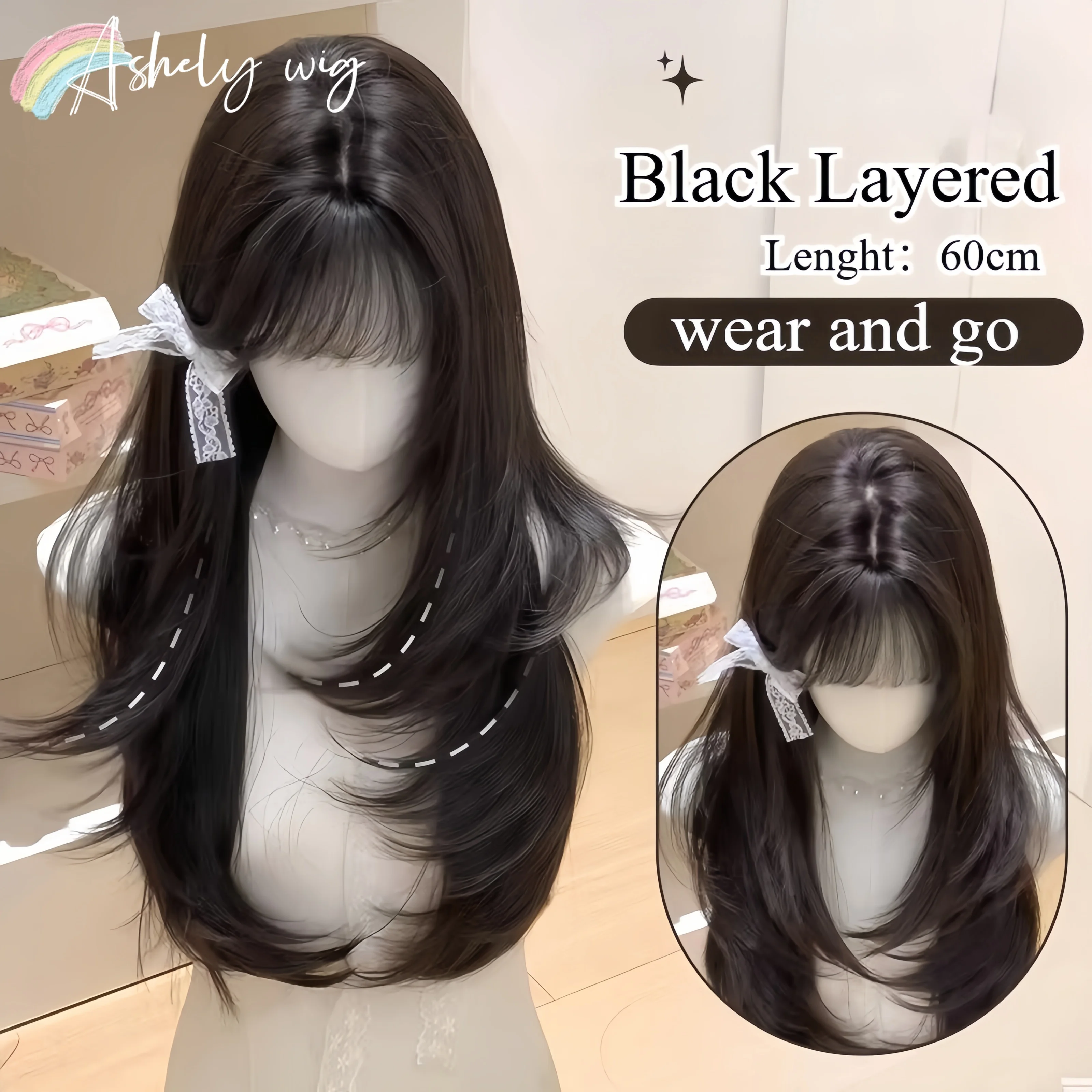 

Black Wig with Bangs 26inch Long Straight Wigs Ladies Carnival Synthetic Cosplay Lolita Wigs for Women Doll Hair 가발 여자 Peluca