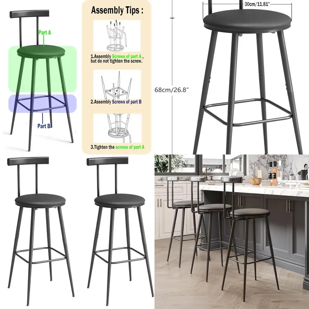 

Pair of High Back Bar Stools with Footrest, Soft PU Seats, Ideal for Kitchen, Living Room, Pub - Black BS-013BK