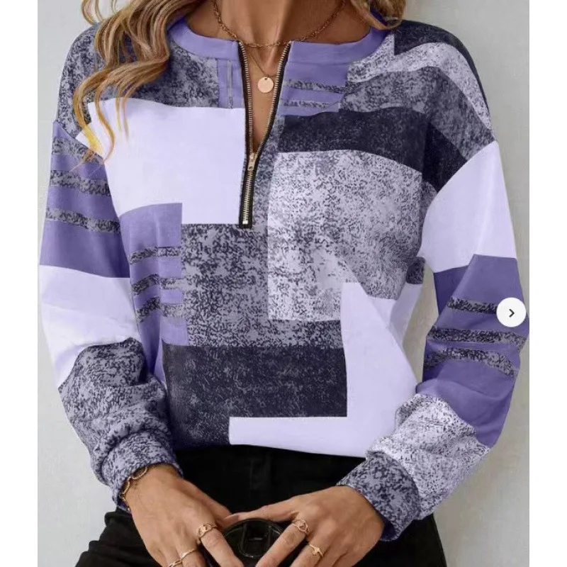 Felpa casual da donna Fashin Griglia geometrica cuciture Manica lunga O-Collo Pullover con cerniera Autunno Inverno Top Felpa da donna