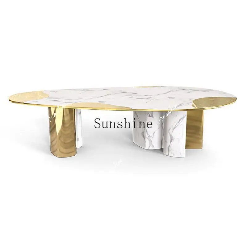 Light luxury marble dining table high-end villa stainless steel household oval dining table  FT