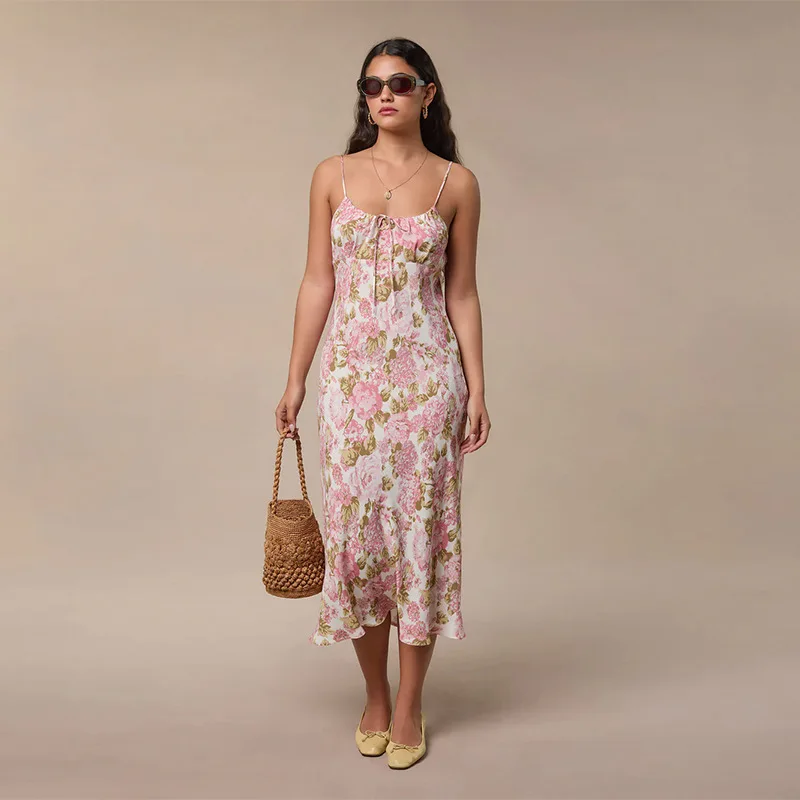 

Spot Goods 054 New2025Floral Mid-Length French Retro Strap Dress Vintage Women's Clothing