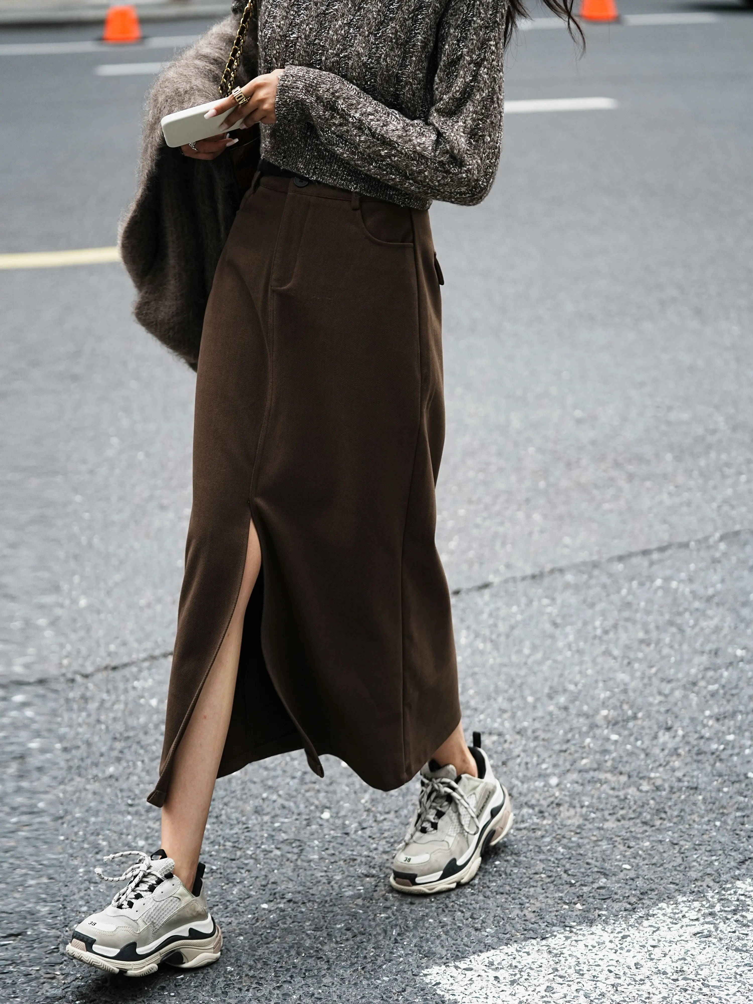 High Waist A-Line Skirt Suit Women's Autumn Winter New Style Long Split Skirt Commute Pure Color Cotton Polyester Blend