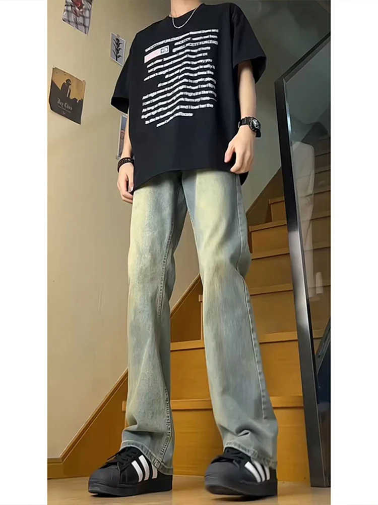 

Retro Blue Flared Men's Jeans Fleece Lined High Waist American High Street Style Straight Leg Denim Pants for Autumn Winter