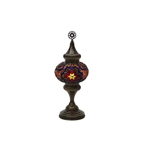 LaModaHome English Moroccan Handmade Mosaic Glass Table Lamp Light with Decorative Dark Polished Copper Fixture for Bedroom, Liv