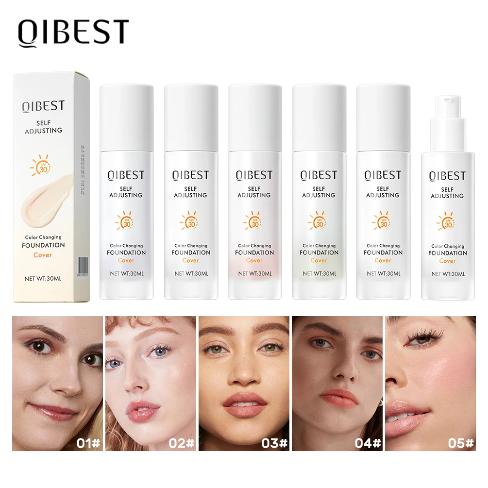 QIBEST Color Changing Foundation Moisturizing SPF 30+ Hydrating Long Wearing Travel Coverage Makeup Base Concealer For Women