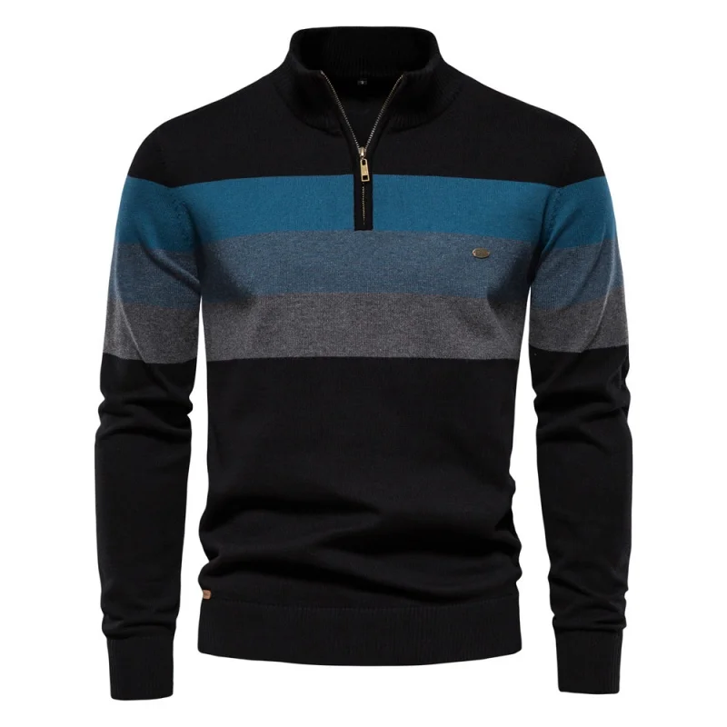 Autumn Winter Men's Fashion Color Matching Half Zipper Sweater Casual Standing Collar Striped Patchwork Pullover Knitwear