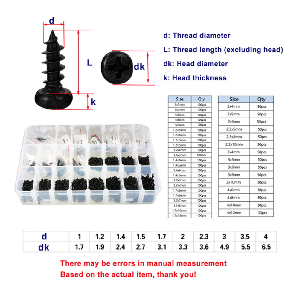 M1 M1.2 M1.4 M1.7 M2 M2.5 M3 M4 Self Tapping Black Phillips Pan Head Screw Electronic Laptop Round Small Bolt Set Assortment Kit