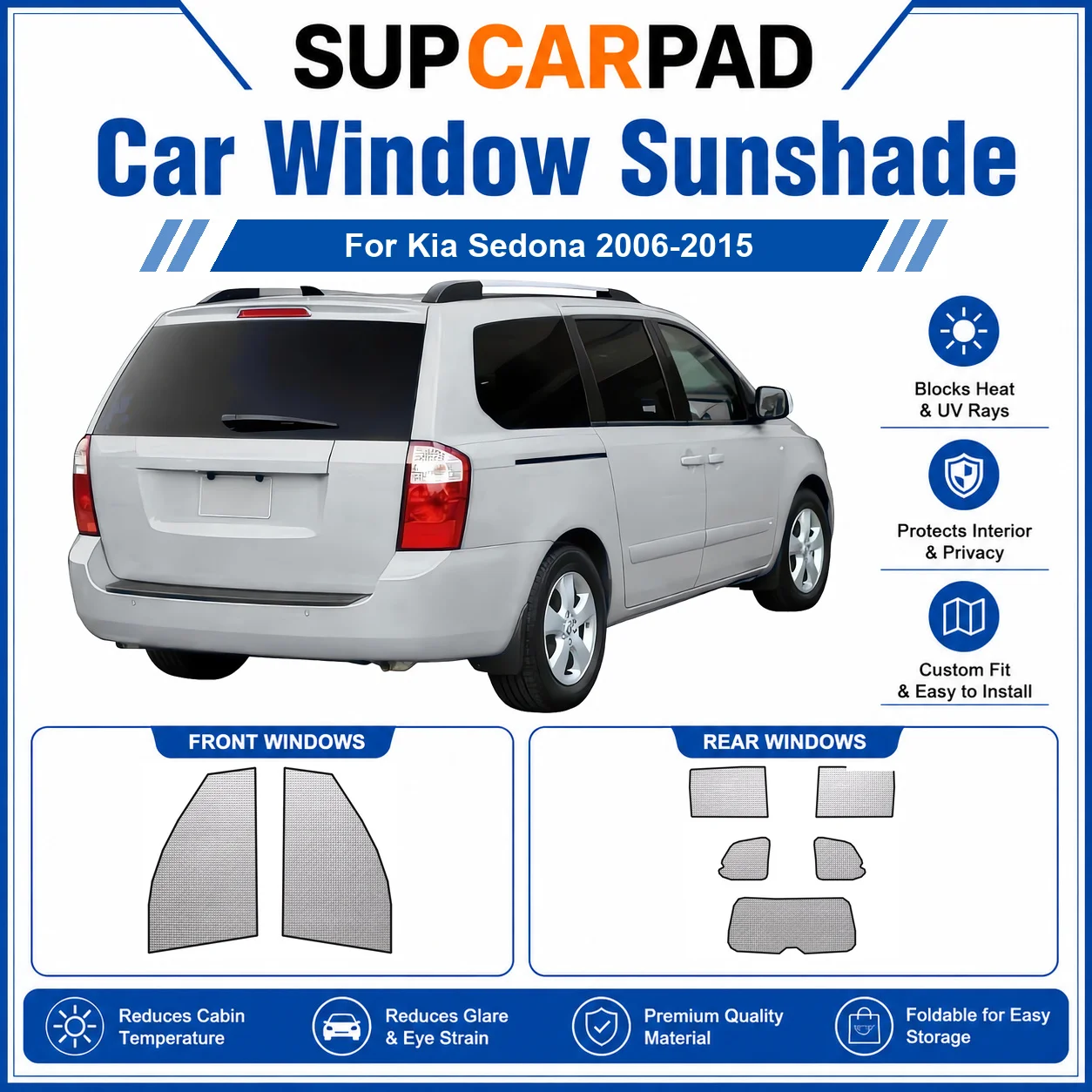 For Kia - Kia Sedona 2006-2015 Full Set Car Window Sunshades UV Block Privacy Heat Insulated Foldable Car Curtain