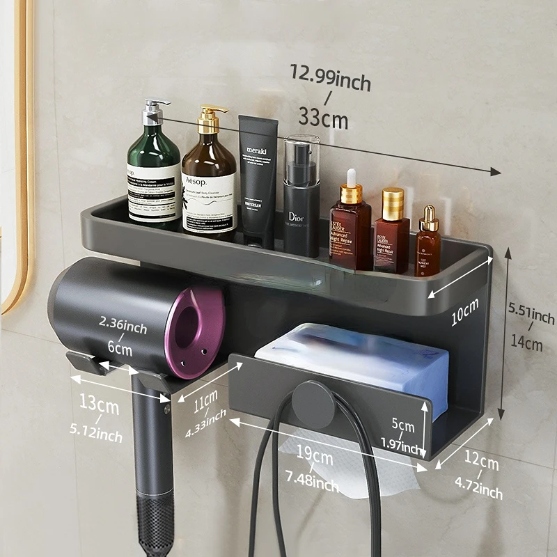 

Wall Mount Bathroom Shelf No Drill Multifunctional Aluminum Hair Dryer Holder Bathroom Organizer Rack