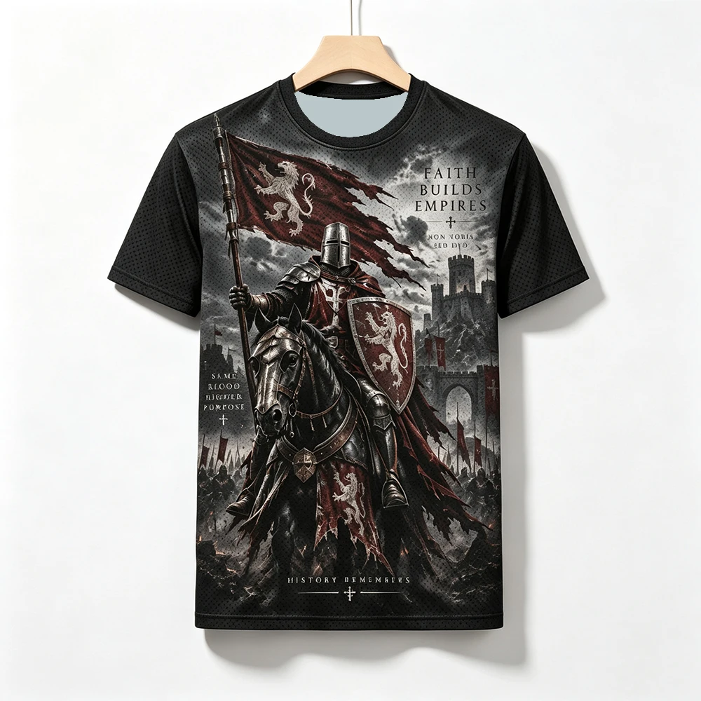 Men's round neck short sleeved T-shirt, Iron Blood War Century War print, medieval warrior breathable quick drying top