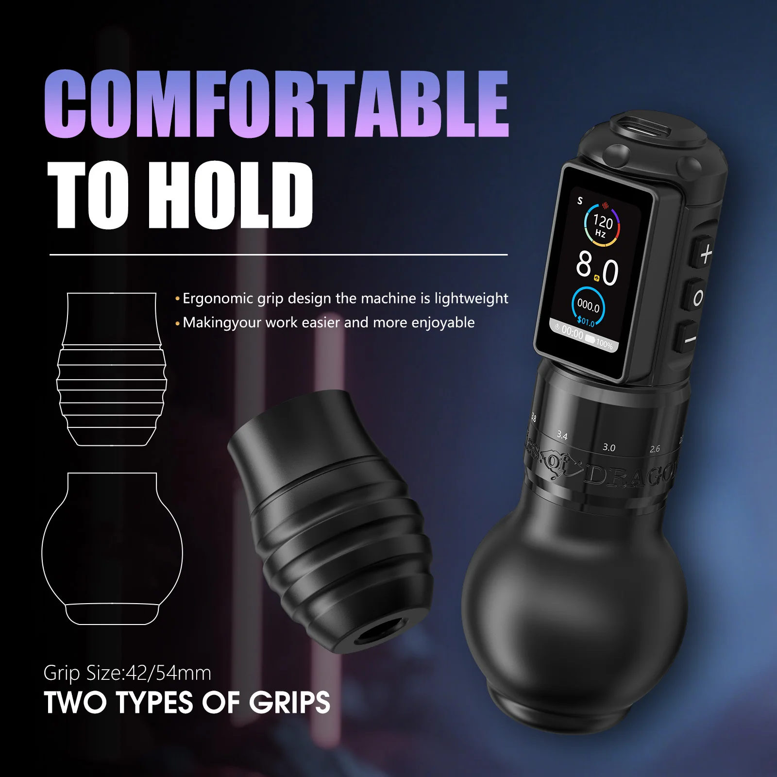 Ambition Traveler-T2 Tattoo Pen Wireless Adjustable Stroke 2.2-4.2mm Tattoo Machine Grip 54mm+42mm with 2000mAh Battery Capacity