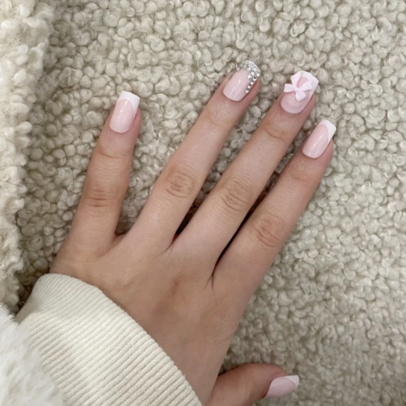 24Pcs Pink Press-On French Nails Set Square Full cover Fake Nail with 3D Bow&Glitter Rhinestones White Nail Tips for Women&Girls