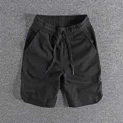 Summer New American Retro Sports Shorts Men's Fashion Simple Pure Cotton Loose Elastic Waist Drawstring Casual Five-point Pants