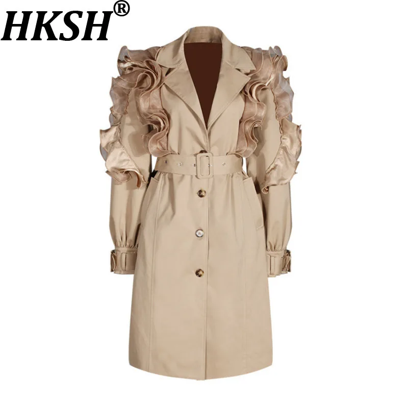 

HKSH Spring Autumn New Women Trench Coat Elegant Ruffled Mesh Patchwork Single Breasted Pockets Belted Trend Windbreaker HK17472