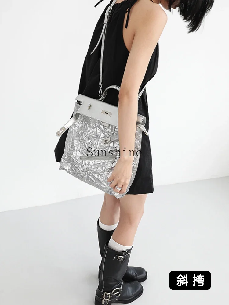 Pleated Textured Backpack 3 Back · Silver Zipper Pocket One Shoulder Crossbody Bag