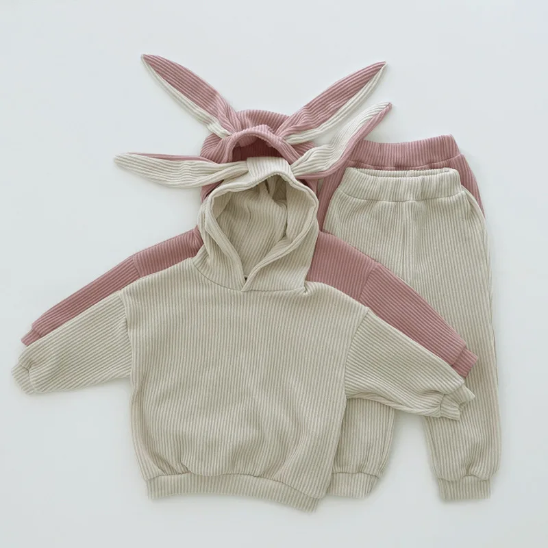 

New Cute Baby Girls Boys Clothes Sets Solid Striped Warm Toddler Children Outfit Long Sleeve Rabbit Ears Hoodies+Pants 2PCS Suit