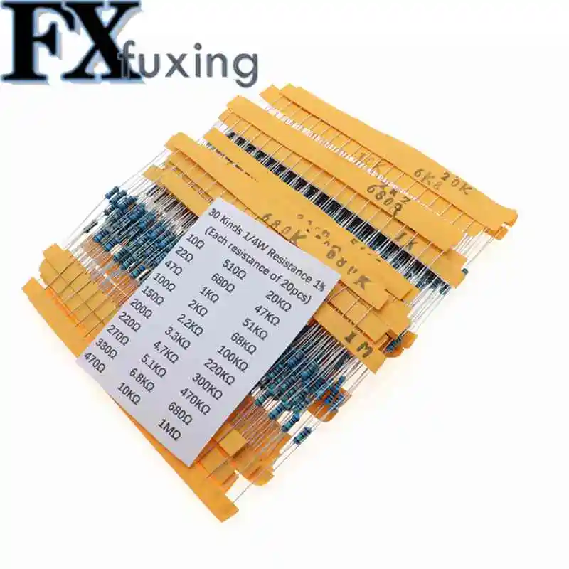 600PCS/Set 30 Kinds 1/4W Resistance 1% Metal Film Resistor Pack Assorted Kit 1K 10K 100K 47KΩ 220ohm 1M 10Ω Resistors 680K 470KΩ