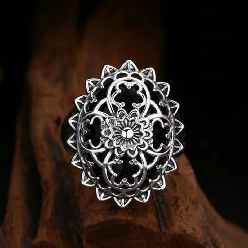 S925 Sterling Silver Rings for Men Retro Hollow Eternal Rattan Flowers Inlaid Oval Agate Fashion Punk Jewelry ﻿Wholesale