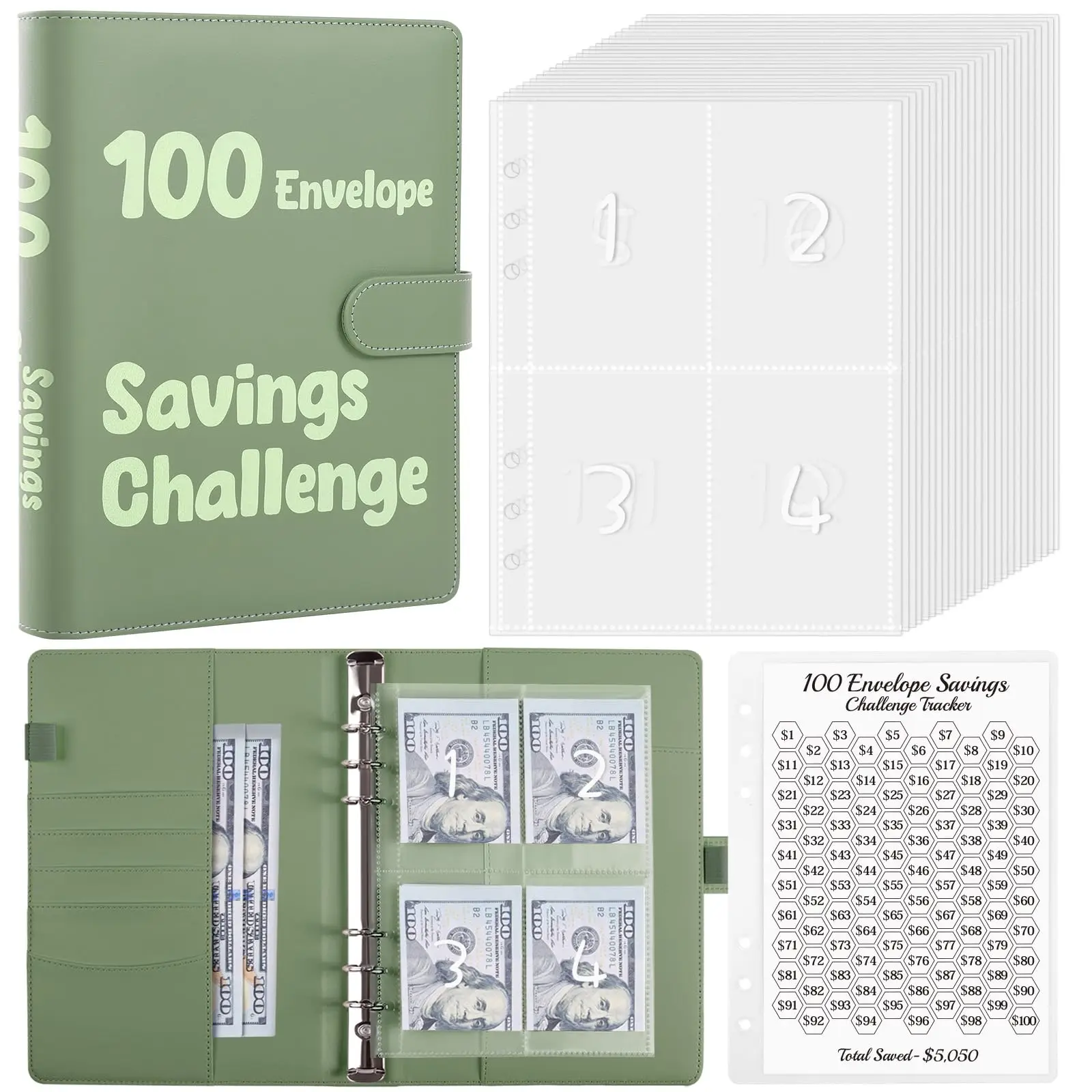 100 Envelopes Challenge Binder, A5 Money Saving Budget Binder with Cash Envelopes - Savings Challenges Book