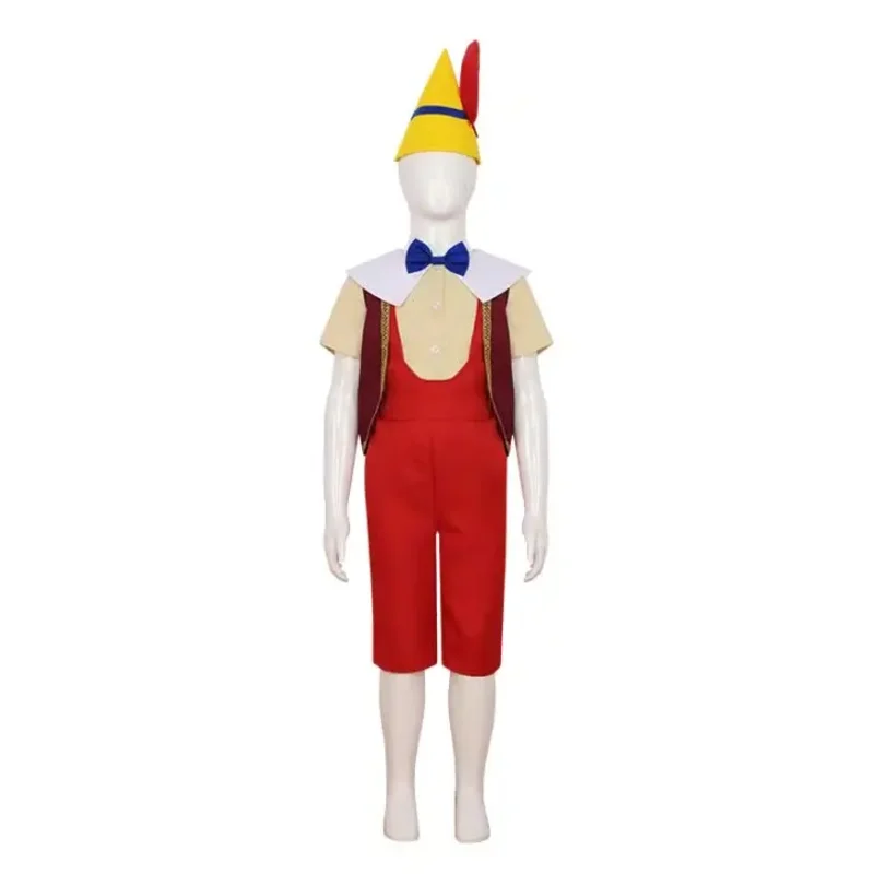 Pinocchio Cosplay Costume Kids Adult Unisex Set Top Overalls Hat Waistcoat Suit Halloween Prop