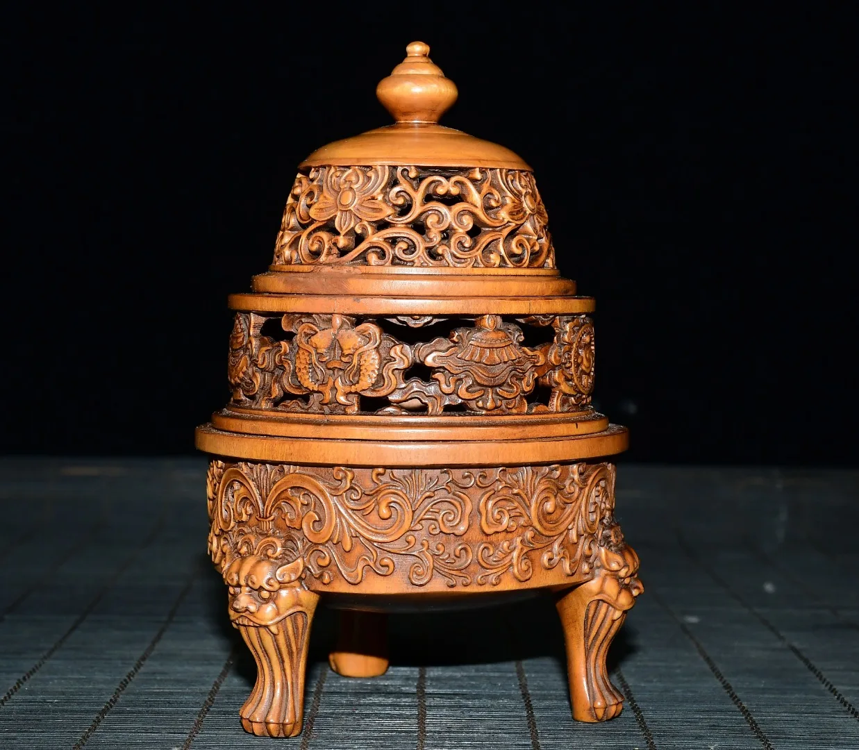 Old Boxwood Lucky Eight Treasures Pattern Hollowed-out Three layer furnace cauldron Three legged incense burner  Town house