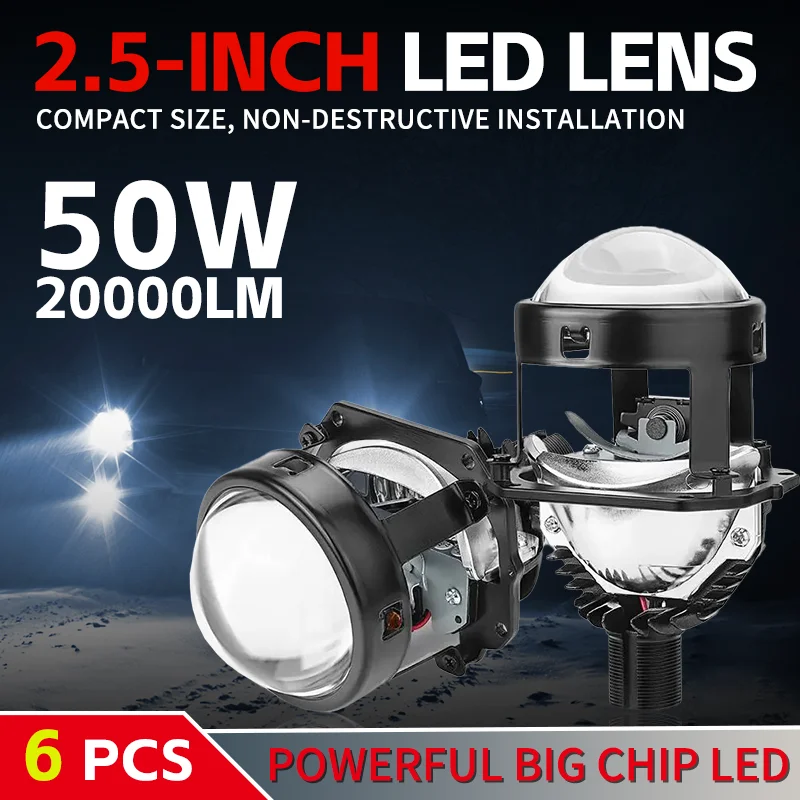 50W 2.5'' Bi-Led Lens for H4 H7 Socket Car Headlight Retrofit Upgrade Headlamp Projector Lenses High Low Light Turbo LED Bulb