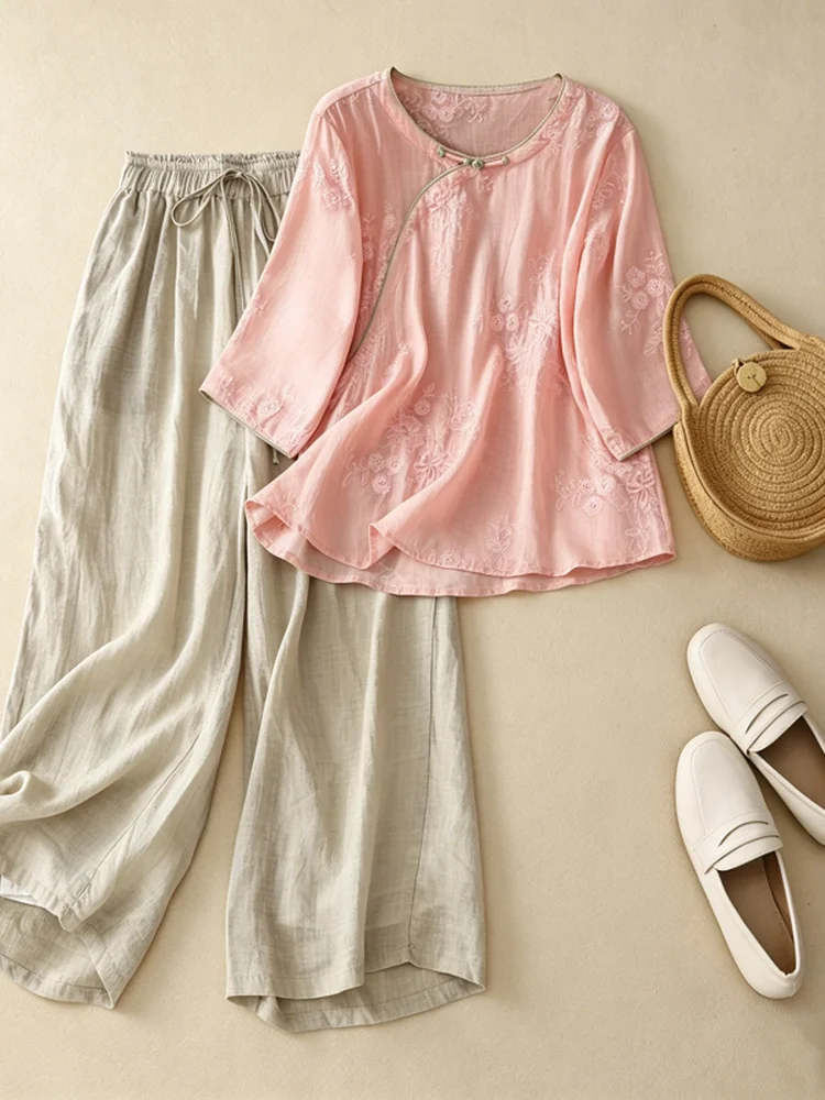 

New Chinese Style Embroidered Cotton Linen Shirt Set Women Summer Loose Large Size Casual Two Piece Set round Neckline High W...