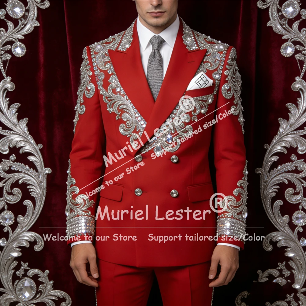 

Luxury Beaded Stones Men Suit Attite For Wedding Double Breasted Jacket Pants 2 Piece Groom Tuxedos Outfits Slim Fit Prom Blazer