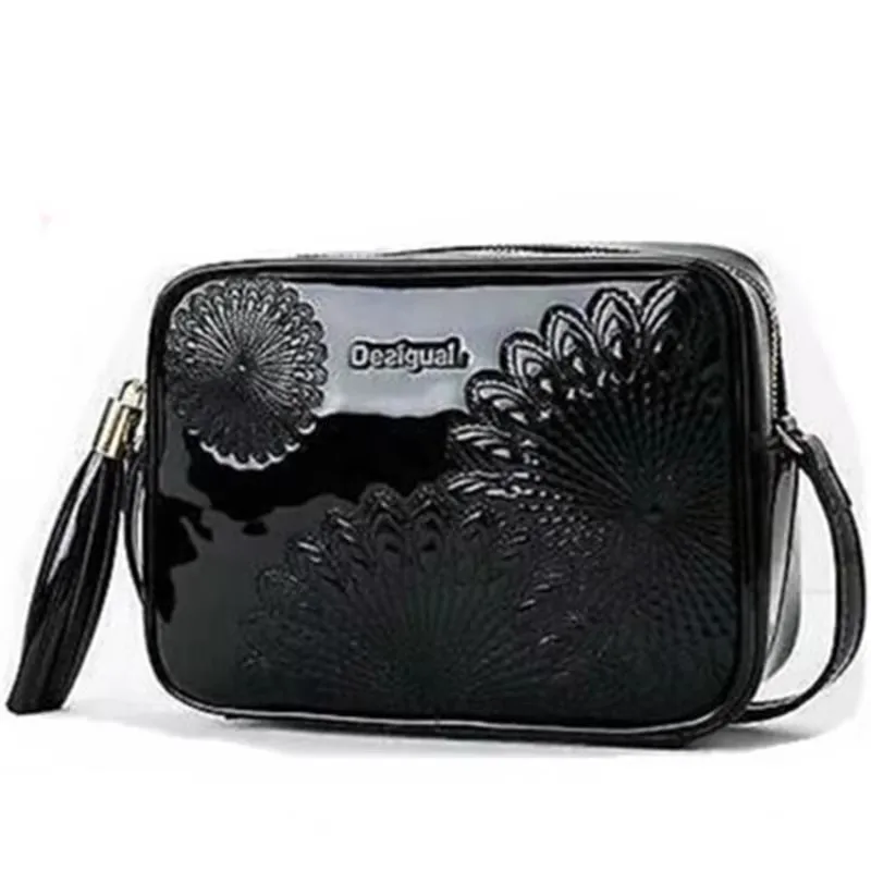 Bolso de hombro de cuero negro brillante de moda clásica informal española, bolso oblicuo span