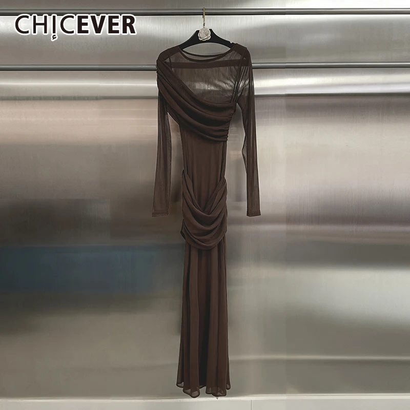 CHICEVER 커피 스플라이스드 폴드 파티 드레스 여성용 O넥 긴 소매 슬림 빈티지 문학적 여성 드레스 패션 스타일 신상품