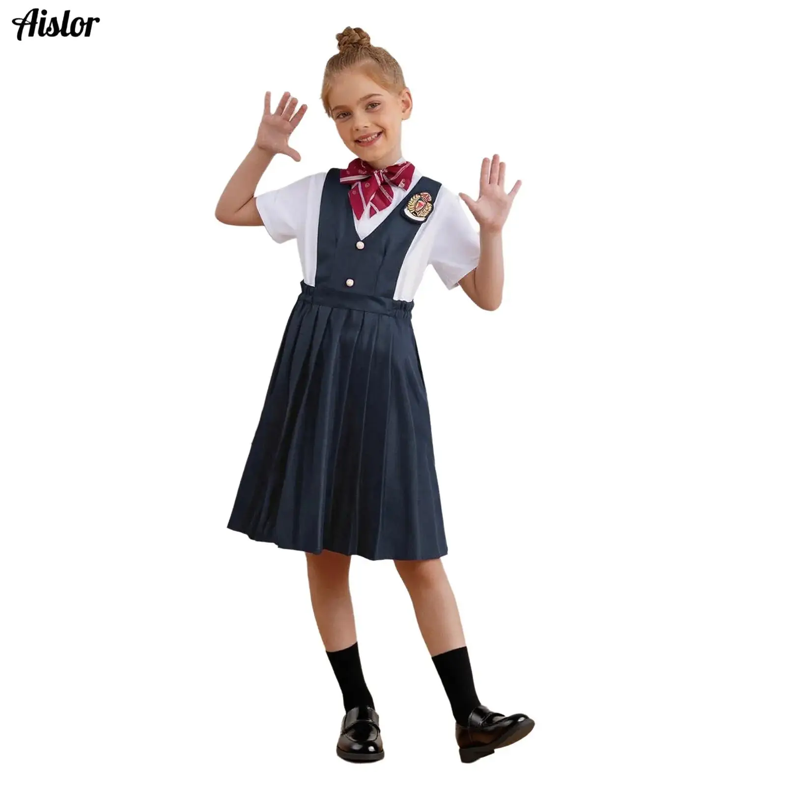 

5Pcs Kids Girls School Uniform Recitation Chorus Performance Costume Short Sleeve Shirt+Pleated Overall Dress+Bowtie Socks+Badge