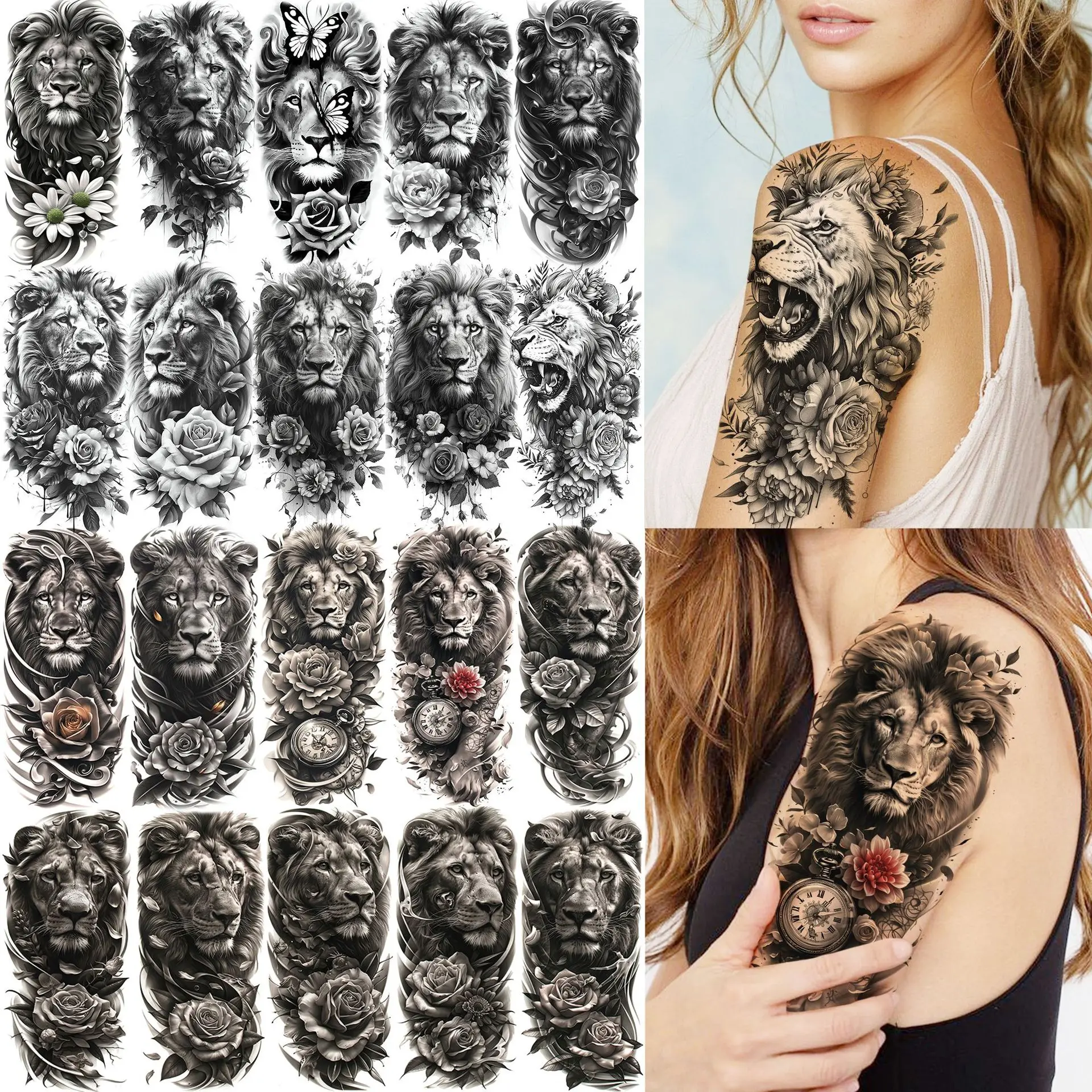 

Lion Flower Temporary Tattoo Stickers Waterproof Premium Non Toxic Long Lasting for Arm Calf Various Designs