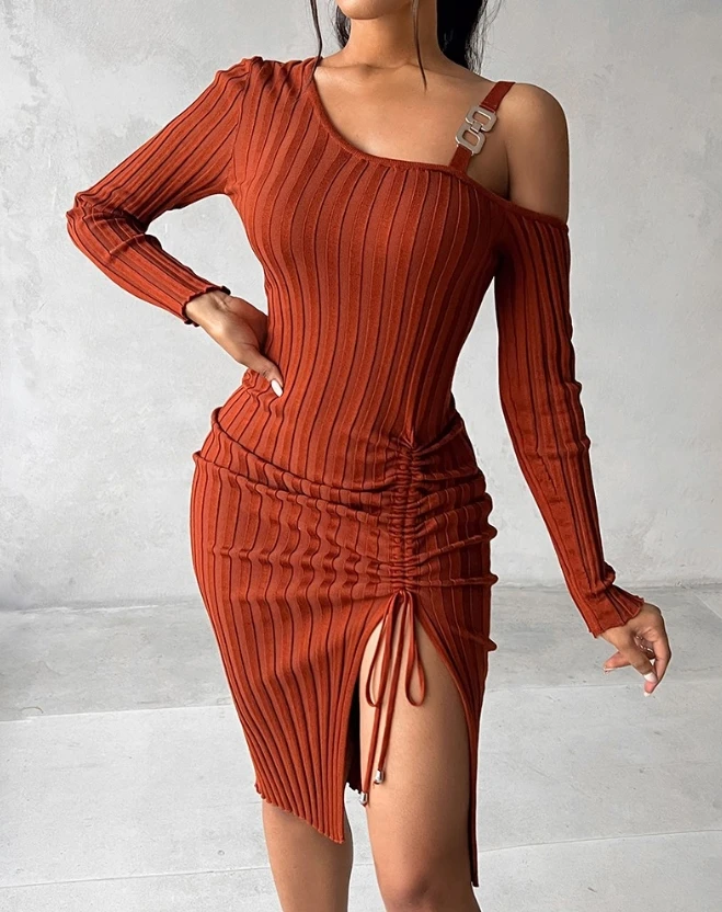 

2023 Autumn Spring New Fashion Casual Elegant Evening Party Dresses for Women Sexy Chain Decor Drawstring Knit Sweater Dress