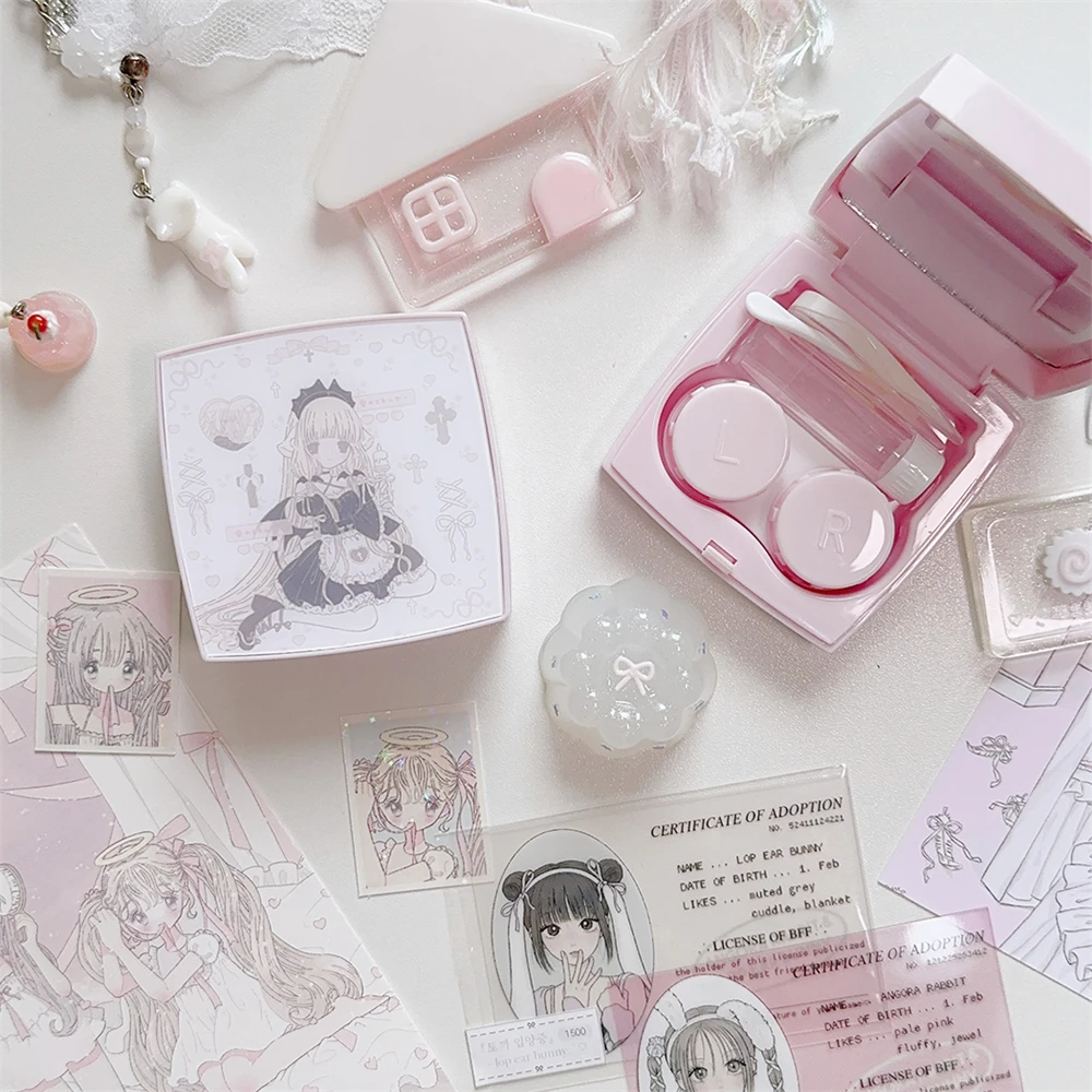 Cute Girl Angel Printed Storage Portable Contact Lens Storage Box Pink Square Home Decoration Storage Box 7.5cmx7.5cmx3.5cm