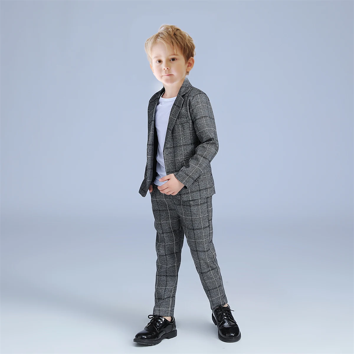 Handsome Boys' Lapel Suit Two Pieces Set ( Jacket+Pants) New Male Flower Boy Clothing Dark Gray Suit