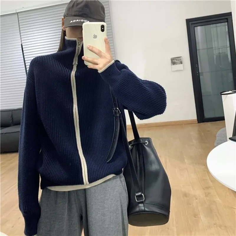 Autumn/winter matching color thick stand collar cashmere knit cardigan women\'s loose zipper wool sweater coat age-reducing