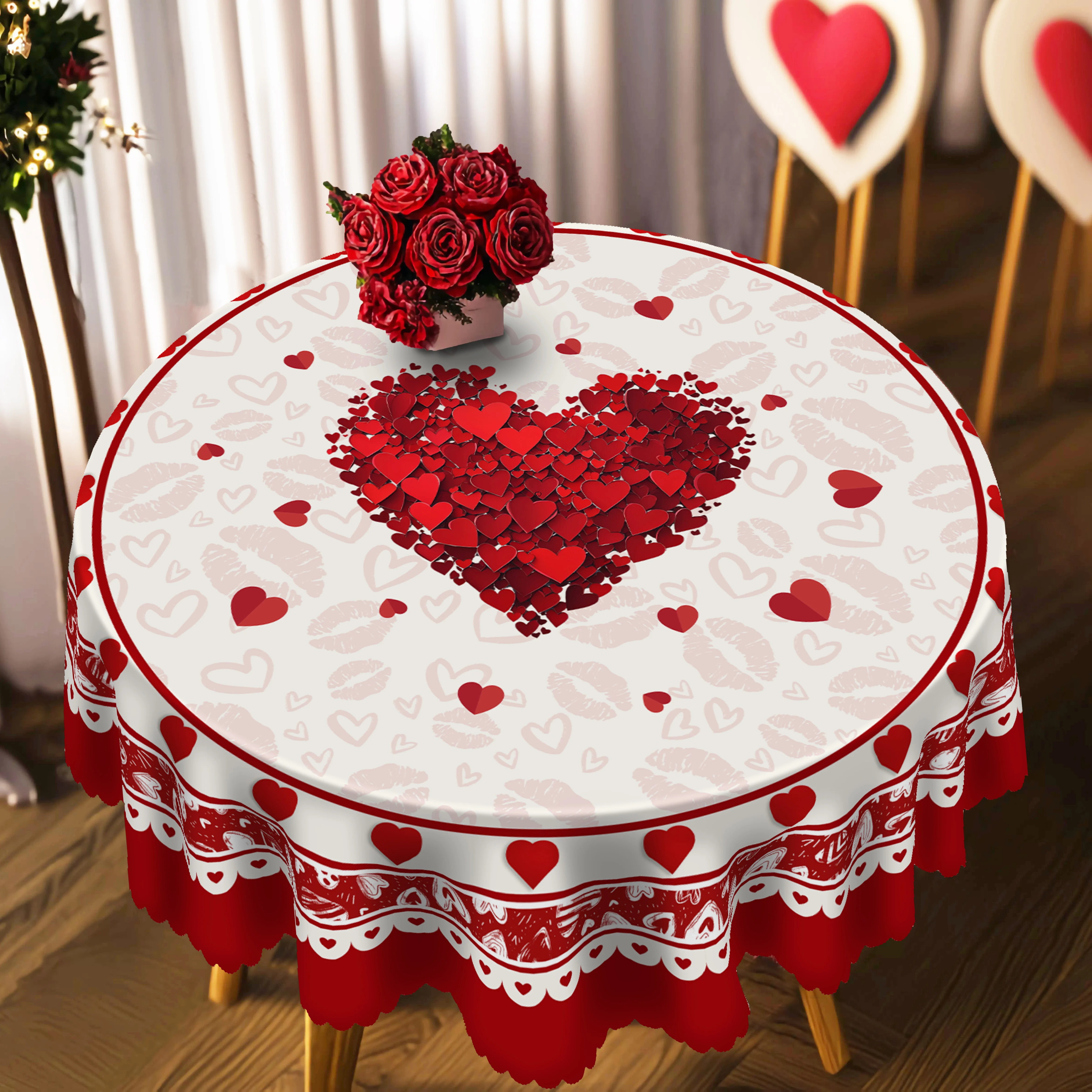 1 Piece of Romantic Valentine\'s Day Square Tablecloth, 5 Sizes Available, Spring Heart-Shaped Pattern Round Tablecloth, Edge Embossing Process,